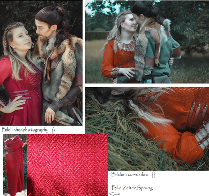 Kollage eine Cosplay Paares nach der Serie Viking, sie trägt ein rotes Kleid aus handgewebtem Stoff, er ein Kleidung in degedckten grüntönen und ein Schulterfell