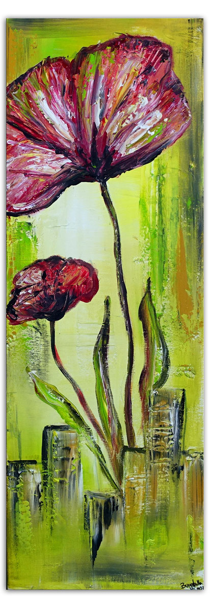 Zwei Mohnblumen rot grün Blumen Malerei Acrylbild Unikat Original Gemälde