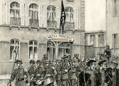 Jim-E. Sévellec, "Brest, parade des troupes allemandes devant la Kommandantur installée à l'hôtel Moderne", AMB - 4Fi343 (détail).