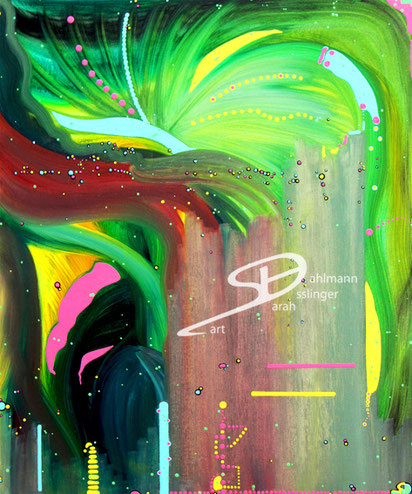 Sarah Esslinger-Dahlmann, Kinderzimmer, September 2006 (2004), 50 x 60 cm, Ölfarbe und Acrylfarbe auf Karton, abstraktes, kraftvolles, farbintensives Werk, verschiedene Grüntöne und pastelliges gelb-rosa-hellblau, Kinderzimmer-Formen