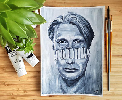 Mads Mikkelsen surreal portrait in acrylic on heavyweight canvas paper