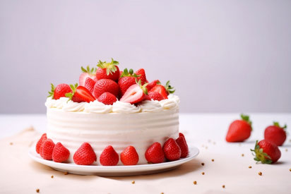 たくさんのいちごがあしらわれた生クリームのホールケーキ。
