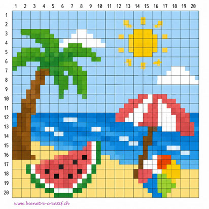 pixel art gratuit télécharger enfant 9 10 11 ans dessin été plage pastèque palmier soleil