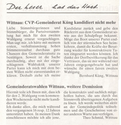 Verzichtserkläurungen: Fricktaler Bote, ca. 14. Okt. 1985
