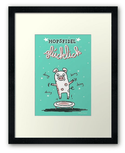 Trampolinschweinchen – Hopsfidel glücklich – Gerahmtes Wandbild bei Redbubble – Illustration Judith Ganter - Illustriertes Kopfkino für Alltagsoptimisten - Hamburg Germany