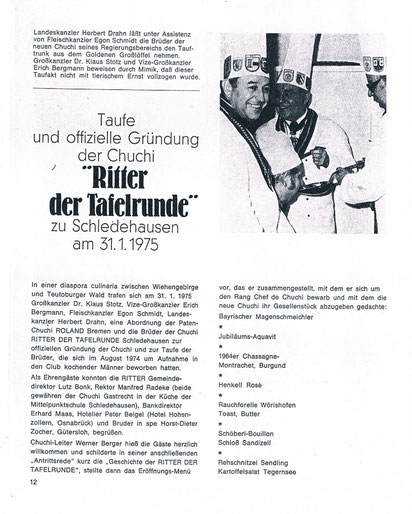 Zeitungsartikel vom 31.1.1975 zur Aufname der "Ritter der Tafelrunde" in den CC-Club Kochender Männer in der Bruderschaft Marmité e.V.