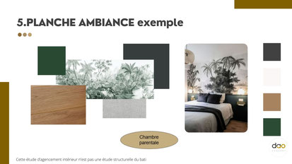 planche ambiance suite parentale tête de lit vert anglais papier peint panoramique jungle verte coussin et jeté de lit gris anthracite parquet bois clair 