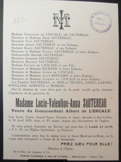 Faire-part de décès de Madame de l’Escale, Lucie Valentine Anna Sautereau, décédée le 19 avril 1935