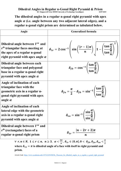 These are the generalized formula to compute the dihedral angles in a regular n-gonal right pyramid with given apex angle, and prism 