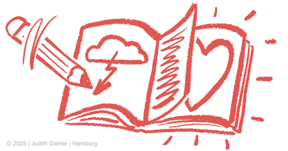 Sketchnote mit Notizbuch, Gewitterwolke und Herz als Symbole für Gefühle, Emotionen und visuelles Storytelling.