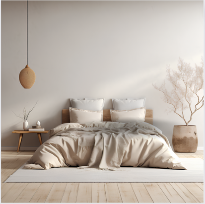 tête de lit et table de nuit en bois lit drap beige coussin blanc cassé parquet bois avec tapis beige suspension luminaire