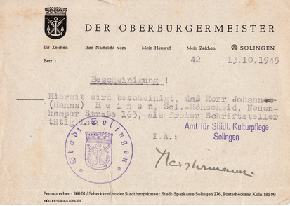 Historisches Dokument: Bestätigung der Stadt Solingen vom 13.10.1945 über den Status von Hanns Heinen als freier Schriftsteller
