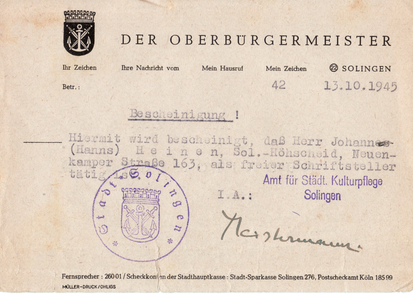 Historical document: Confirmation from the city of Solingen dated 13.10.1945 on Hanns Heinen's status as a freelance writer.