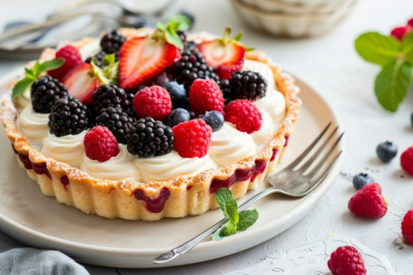 いちご、ベリー、ブルーベリーのタルトケーキ。フォークが添えられている。