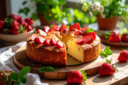 いちごがたくさんのったパウンドケーキ。ミントの鉢植。