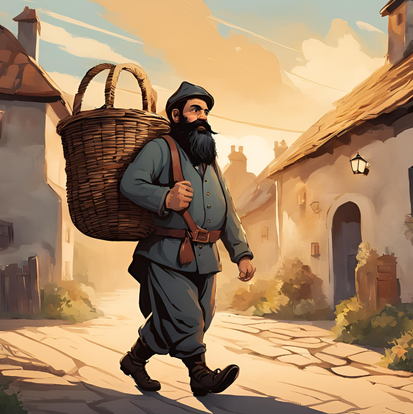 Ein bärtiger Mann, der eine graue Uniform anhat, trägt einen großen Korb auf dem Rücken und geht damit durch ein Dorf. Generiert mit Canva Magic Media.
