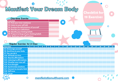 Checklist for 19 exercises to manifest your dream weight with the law of attraction.