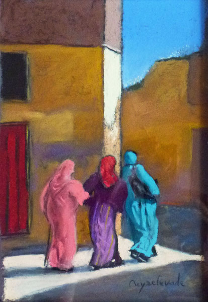 Femmes marocaines, pastel 26x18, médina, maroc