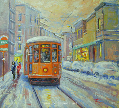 Milano, tram, dipinto , giuseppe Faraone