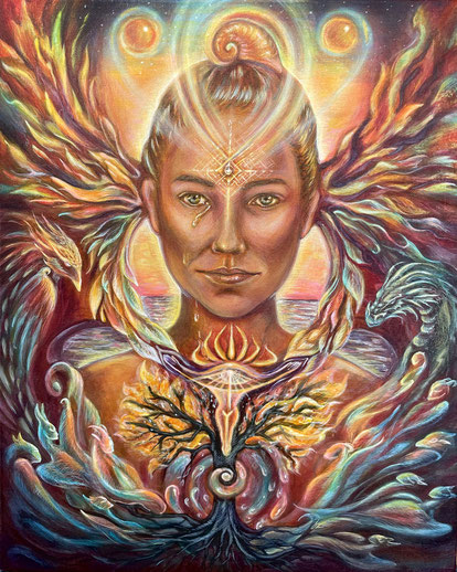Kunstwerk, Gemälde mit Acrylfarben in Mische Technik gemalt, zeigt ein Portrait einer Frau mit spirituellen Elementen in surrealer, traumähnlicher Szenerie