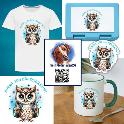 Motiv Eule - Hurra, ich bin Schulkind auf T-Shirt, Brotdose, Tasse, Sticker und vieles mehr