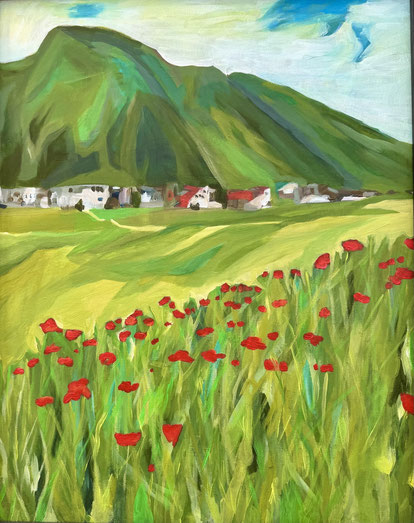 Mohnblumen vor einem Berg gemalt in Acryl