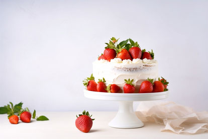 ケーキ台にのったいちごと生クリームのホールケーキ。