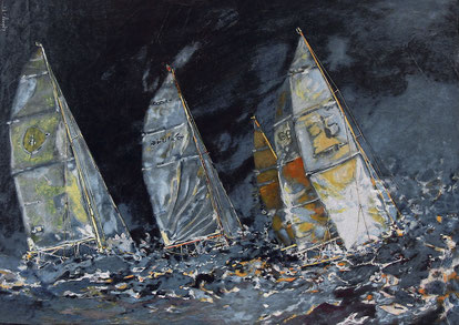 voiliers en régate dans nuit aux voiles grises dans une mer agitée et agitée