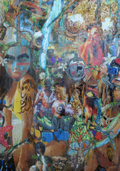 Collages & techniques mixtes sur plexiglas, 175x78cm, 2013.Détails, partie inférieure.