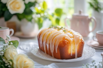 レモンのパウンドケーキとティーセット。バラの花。