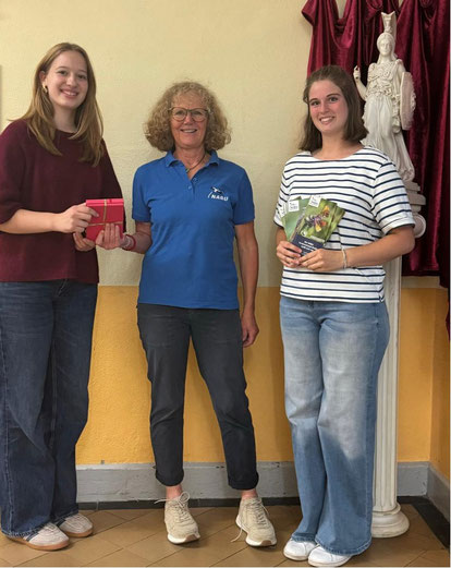 Abbildung: Juliane Lemke und Marie Marquette aus der 12. Klasse des  Athenaeum überreichen ihre Einnahmen aus der Projektwoche „Nachhaltigkeit“ an die NABU-Vorsitzende Inken Gerlach