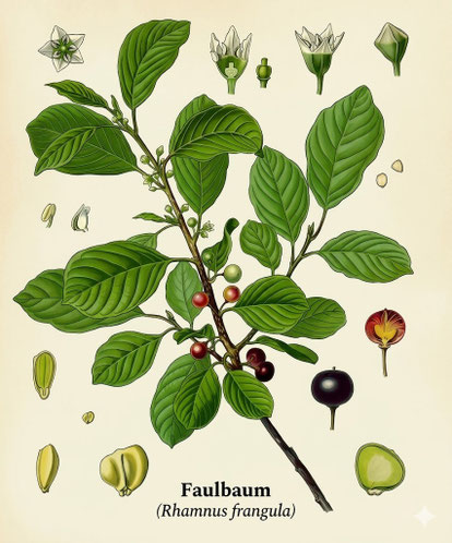 Botanische Zeichnung vom Faulbaum (Rhamnus frangula) mit Zweig, Blüten und Früchten