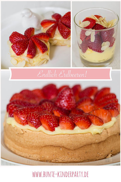 Erdbeerkuchen, Erdbeertörtchen und Vanillepudding mit Erdbeeren im Glas