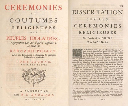 Couverture. Cérémonies et coutumes religieuses de tous les peuples du monde. — Les peuples idolâtres  : la Chine. Bernard Picart (1673-1733),gravures, Jean-Frédéric Bernard (1683-1744), texte. Bernard, Amsterdam, 1728, vol. IV, IIe pp. 189-276 .