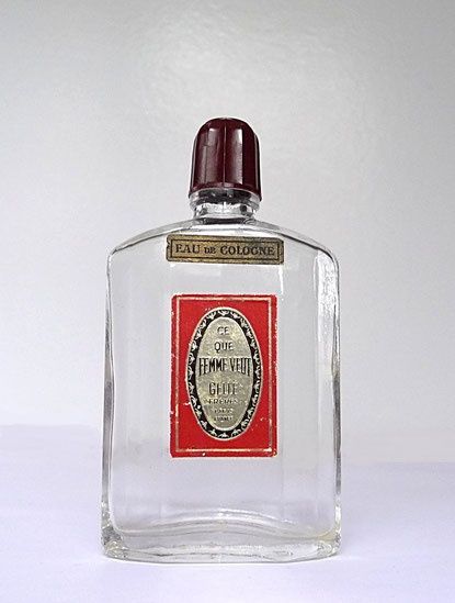 GELLE FRERES - ANCIEN FLACON CE QUE FEMME VEUT - EAU DE COLOGNE, BOUCHON EN BAKELITE VISSE