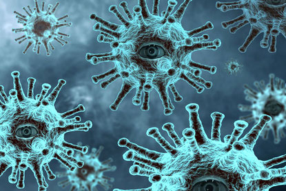 Corona Viren mit Augen auf blauem Hintergrund