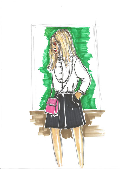 Frühlings Look - weisse China-Kragen Bluse mit Jupe und Minibag