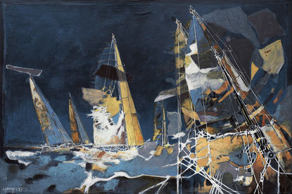 voiles et mats de voiliers en régate dans un fond bleu nuit