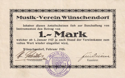 Bild: Wünschendorf Erzgebirge Musikverein Anteilschein 1926
