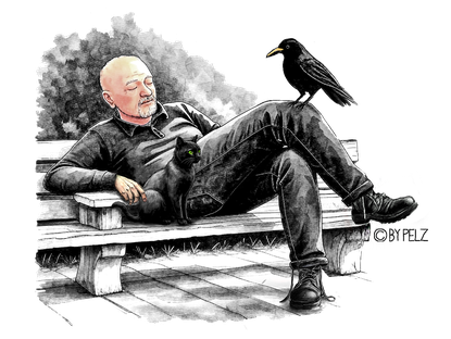 Copyright & Design by Pelz Kreativ 2026 / My home it wherever creativity is. Selbstportrait, Zeichnung, Grafik, Tierfreund, Rabe, Katze, gelb, schwarz, weiß, neongrün, sitzen, Gartenbank, Augen zu, entspannen, Boden, Pflanzen, Boots.