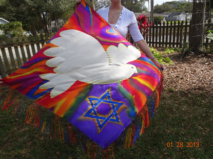 Profile of white dove with Star of David on fringed silk prayer shawl