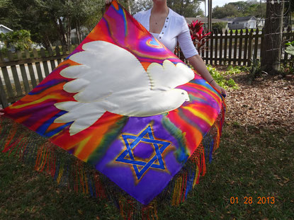 Profile of white dove with Star of David on fringed silk prayer shawl