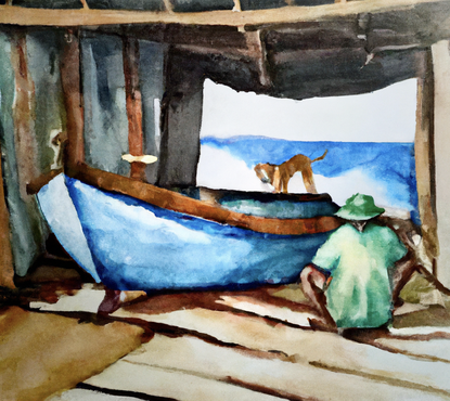 watercolour image of old man and his dog on a boat