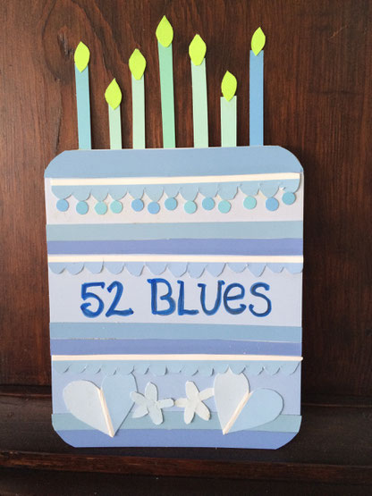 52nd birthday card made with blue paint chip samples