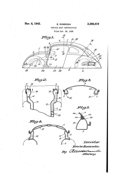 1938 Komenda Patent: VW KÄFER FORM: US-Patent: 2.388.419