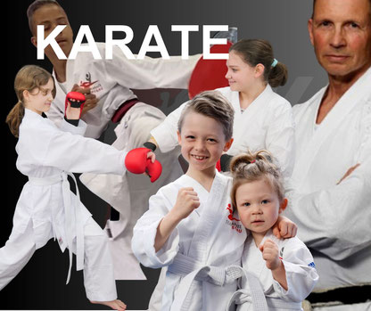 Karate Kinder, Karate Jugendliche und Erwachsenen im Karate Anzug. Überschrift Karate. 