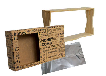 Wabenhonig Rähmchen aus Holz, Kartonverpackung und Zellglasverpackung Natureflex für Mini Plus