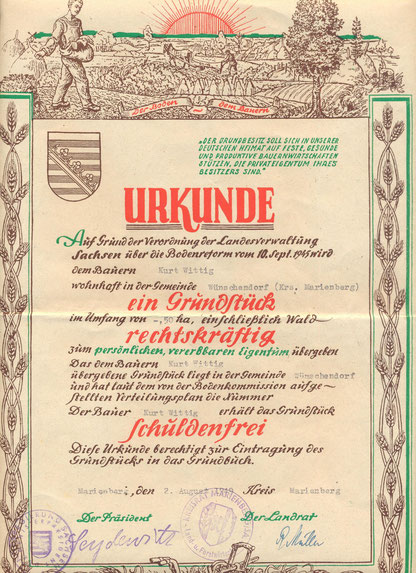 Bild: Wünschendorf Urkunde Bodenreform 1945