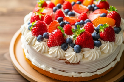 いちごとブルーベリーが一面にあしらわれた生クリームのホールケーキ。