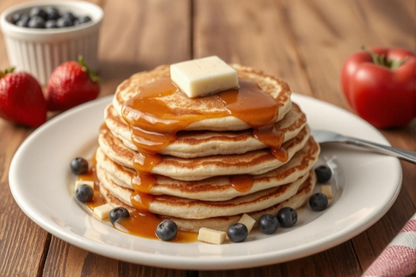 シロップとバターがたっぷりのパンケーキのお皿。ブルーベリーが添えられている。テーブルの傍らにいちごとりんご。